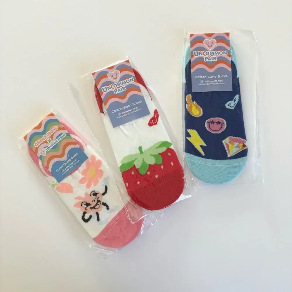 Uncommon Pair Cotton Blend No Show Socks 3 Pack Bundle Floral Happy Face Print